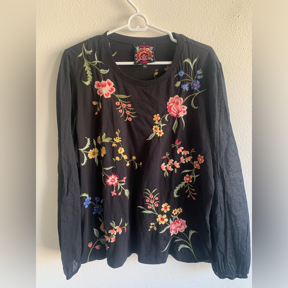 Johnny Was Sophie Mixed Media Long Sleeve Top Women’s XL Black Floral Shirt